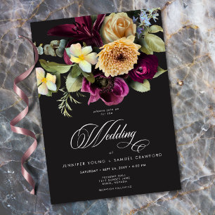 Invitación Boda Romántica Floral Oscura Burgundy Negra Malhum