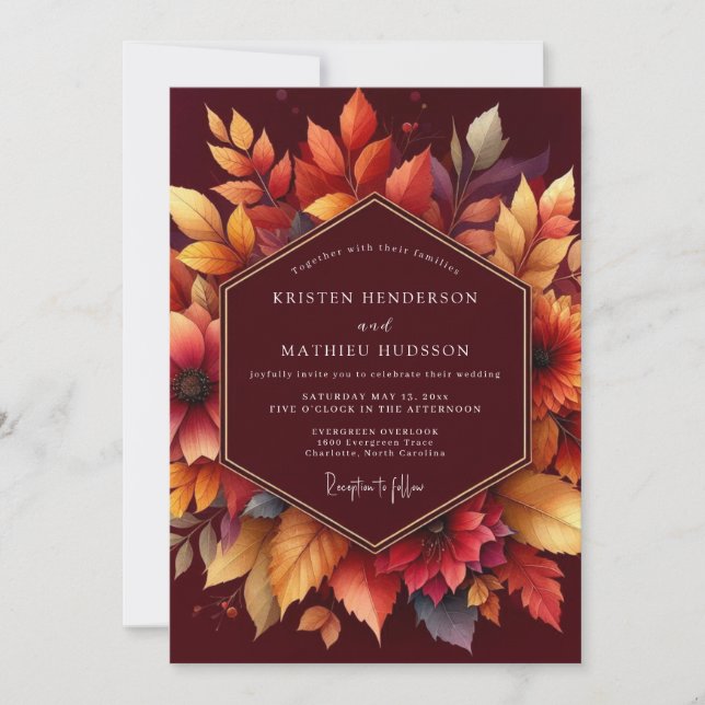 Invitación Boda Romántica Floral Otoñal Borgoña (Anverso)
