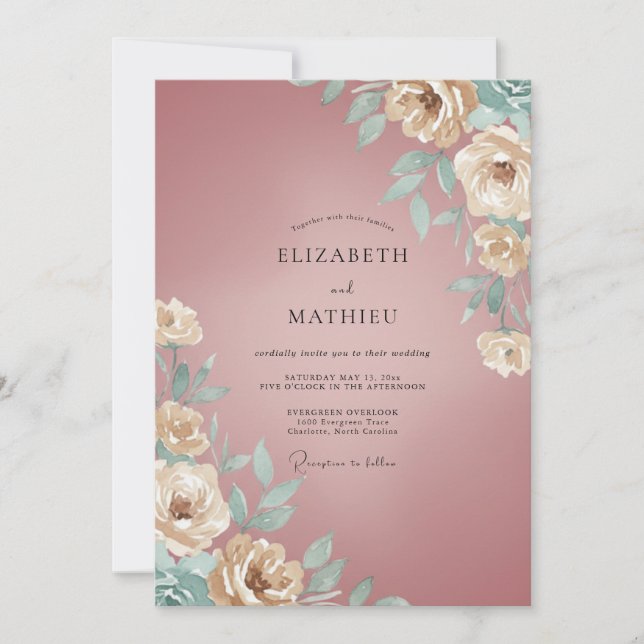 Invitación Boda Romántica Floral Painterly Malva (Anverso)
