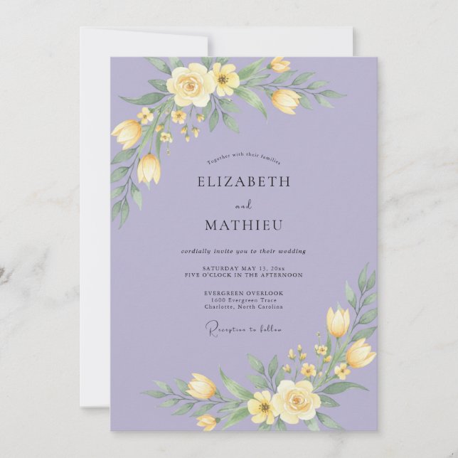 Invitación Boda Romántica Floral Pintada de Periwinkle (Anverso)