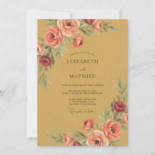 Invitación Boda Romántica Floral Pintoresca de Vara de Oro