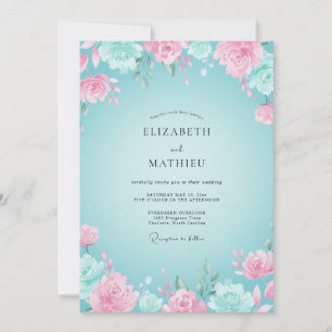 Invitación Boda Romántica Floral Rosa Aqua