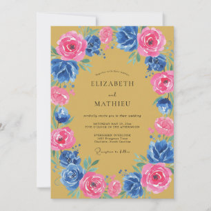 Invitación Boda Romántica Floral Rosa Azul