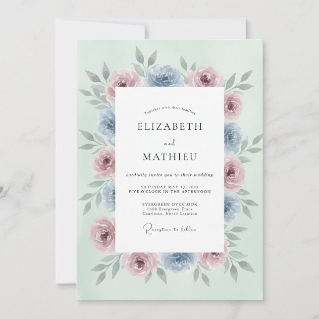 Invitación Boda Romántica Floral Rosa Azul Mentolada (Anverso)