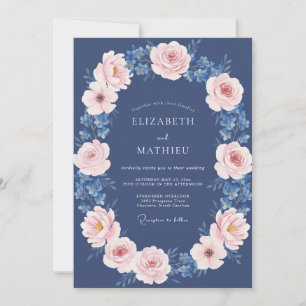Invitación Boda Romántica Floral Rosa Claro y Azul Marino