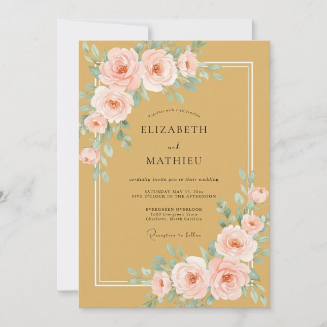 Invitación Boda Romántica Floral Rosa Ocra (Anverso)