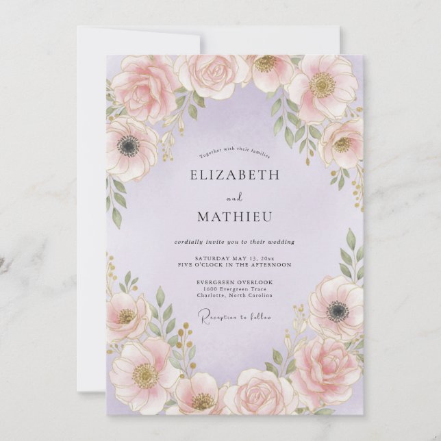 Invitación Boda Romántica Floral Rosa Pálido (Anverso)