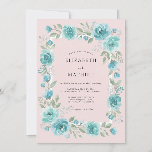 Invitación Boda Romántica Floral Rosa Té (Anverso)