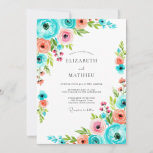 Invitación Boda Romántica Floral Rosa Verde Teal
