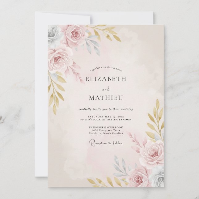 Invitación Boda Romántica Floral Rosada (Anverso)