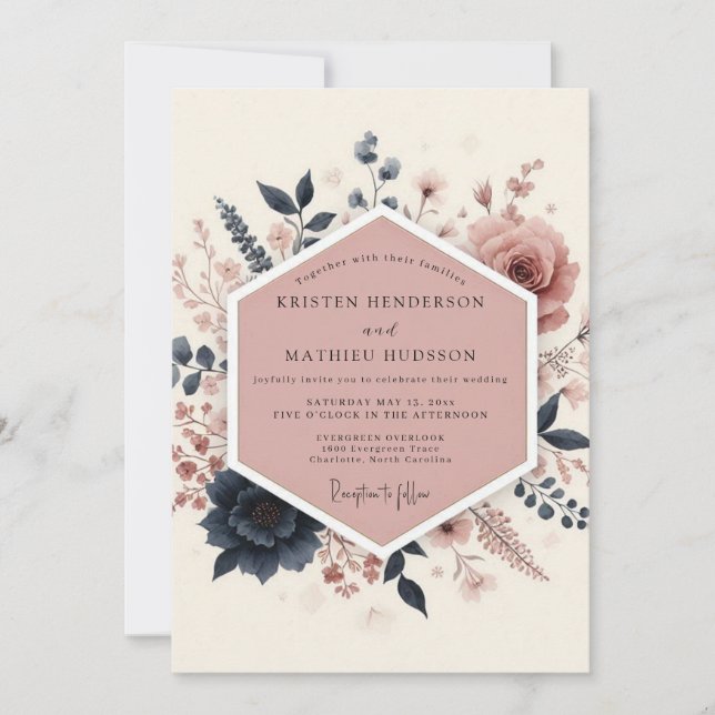Invitación Boda Romántica Floral Rosado (Anverso)