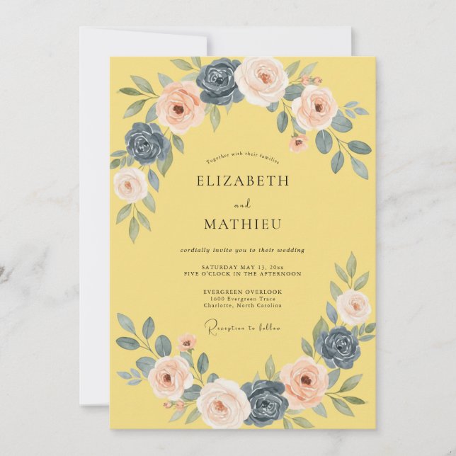 Invitación Boda Romántica Floral Rubor Amarillo (Anverso)