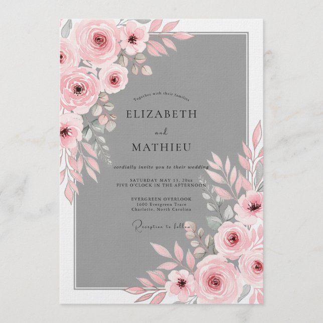 Invitación Boda Romántica Floral Rubor Rosa (Anverso)