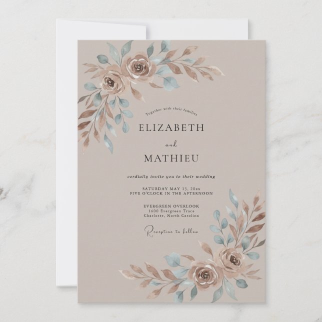 Invitación Boda Romántica Floral Rústica Beige (Anverso)