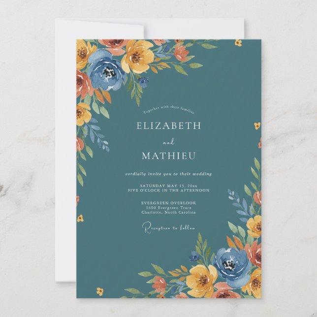 Invitación Boda Romántica Floral Rústica Turquesa (Anverso)
