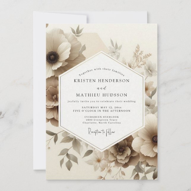 Invitación Boda Romántica Floral Sepia (Anverso)