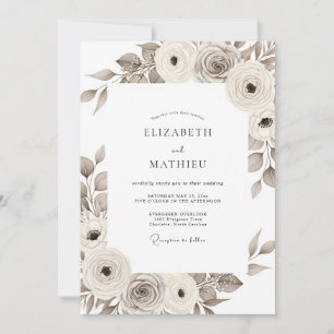 Invitación Boda Romántica Floral Sepia Pintoresca
