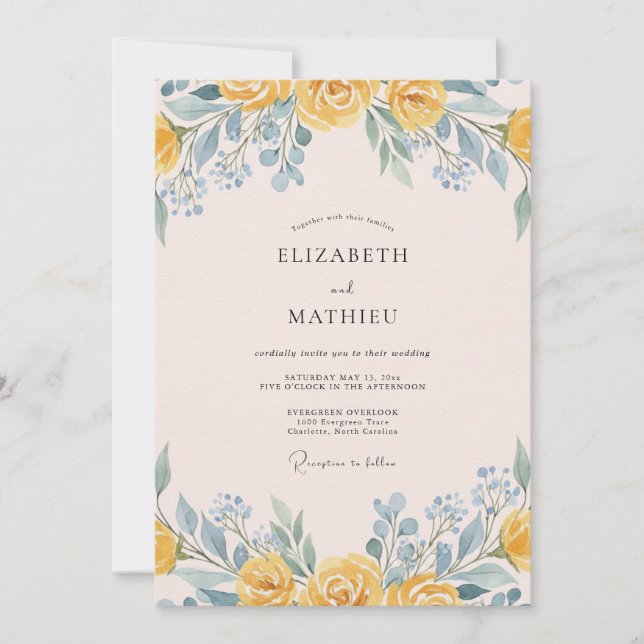 Invitación Boda Romántica Floral Suave Amarilla (Anverso)