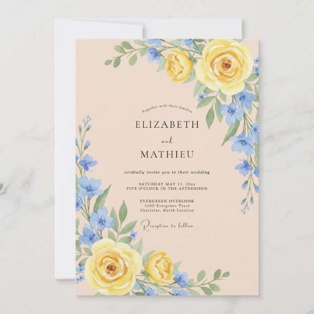 Invitación Boda Romántica Floral Suave Amarillo (Anverso)
