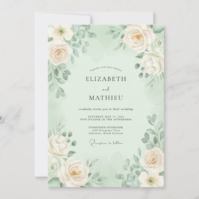 Invitación Boda Romántica Floral Suave de Menta (Anverso)