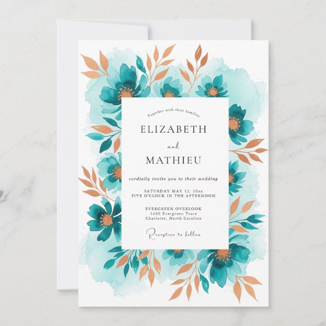 Invitación Boda Romántica Floral Teal Painterly (Anverso)
