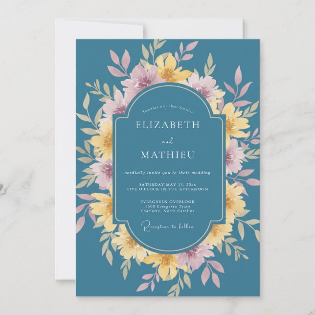 Invitación Boda Romántica Floral Teal Romance (Anverso)