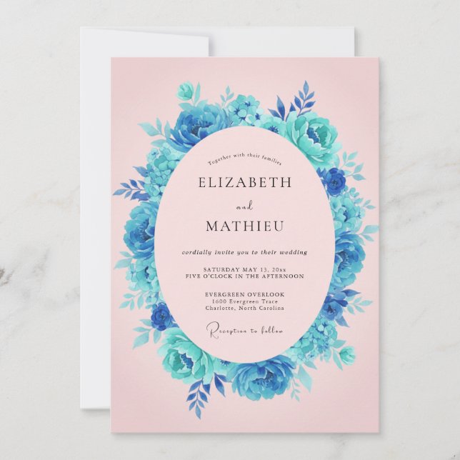 Invitación Boda Romántica Floral Turquesa (Anverso)