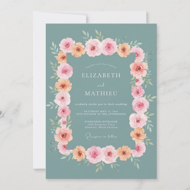 Invitación Boda Romántica Floral Turquesa (Anverso)