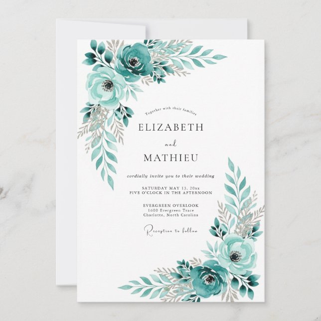 Invitación Boda Romántica Floral Turquesa (Anverso)