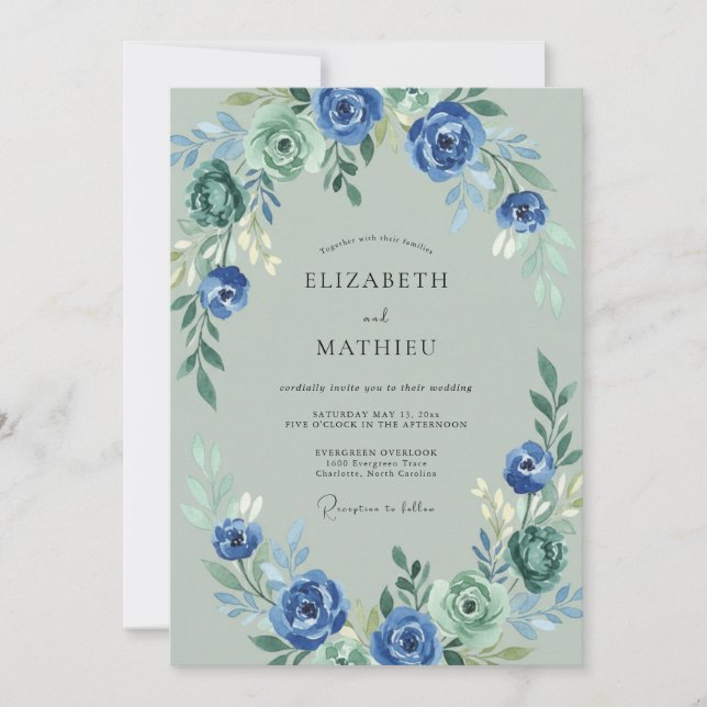 Invitación Boda Romántica Floral Verde Azul (Anverso)