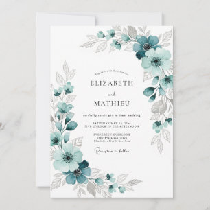 Invitación Boda Romántica Floral Verde Azulada