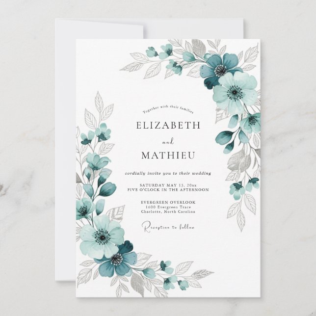 Invitación Boda Romántica Floral Verde Azulada (Anverso)