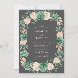 Invitación Boda Romántica Floral Verde Coral Gris