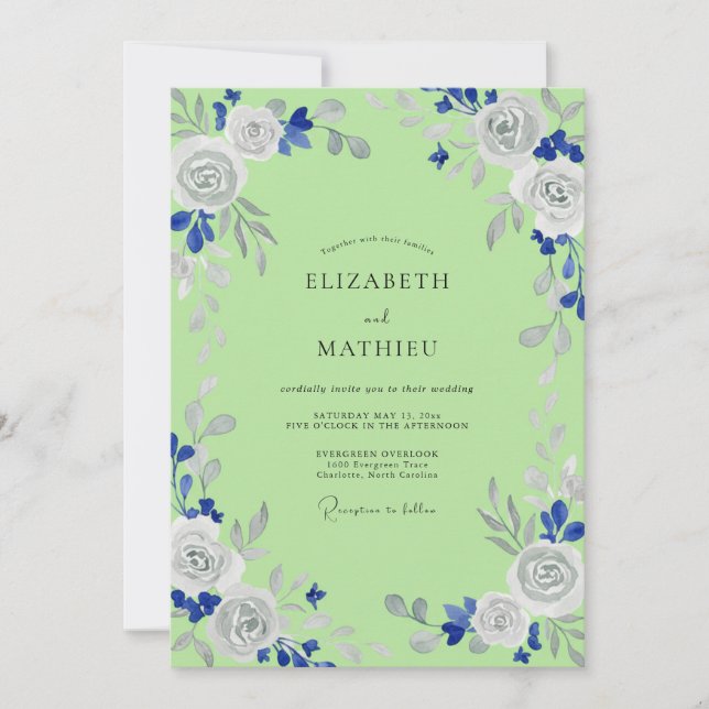 Invitación Boda Romántica Floral Verde Lima (Anverso)