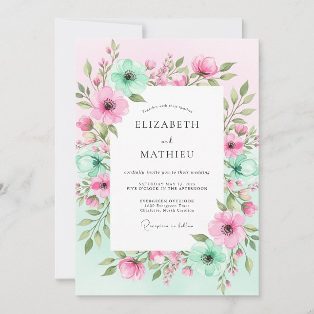 Invitación Boda Romántica Floral Verde Menta (Anverso)
