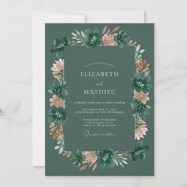 Invitación Boda Romántica Floral Verde Profundo (Anverso)
