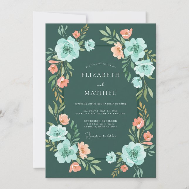 Invitación Boda Romántica Floral Verde Teal (Anverso)