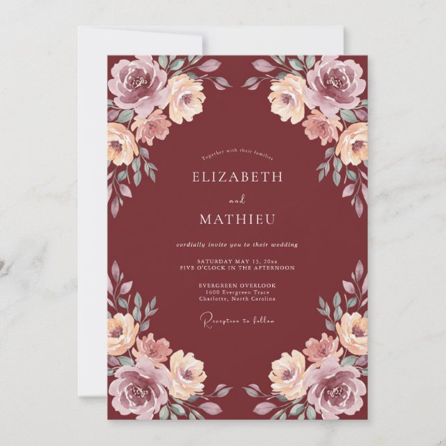 Invitación Boda Romántica Floreciente de Borgoña (Anverso)