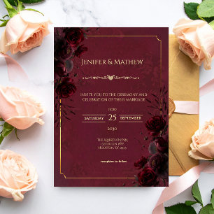 Invitación Boda Romántica Gótica Elegante en Rojo y Negro