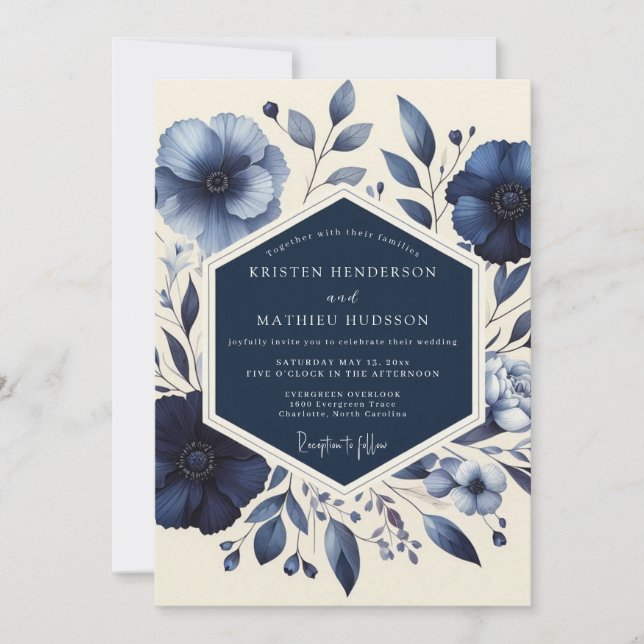 Invitación Boda Romántica Indigo Bloom (Anverso)