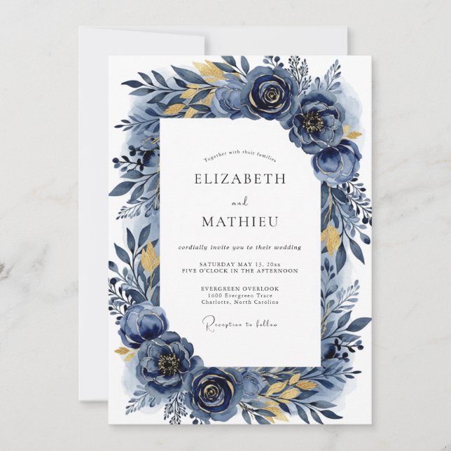 Invitación Boda Romántica Indigo Flourish (Anverso)