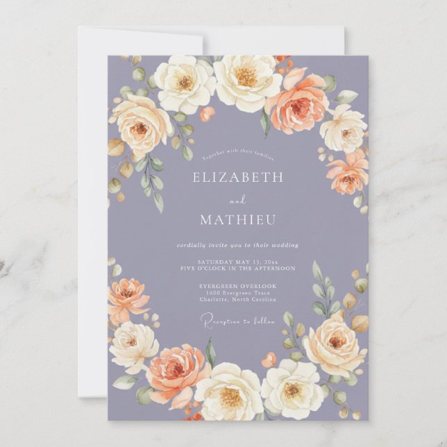 Invitación Boda Romántica Lavanda Flor de Melocotón (Anverso)