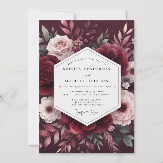 Invitación Boda Romántica Maroon Bloom (Anverso)