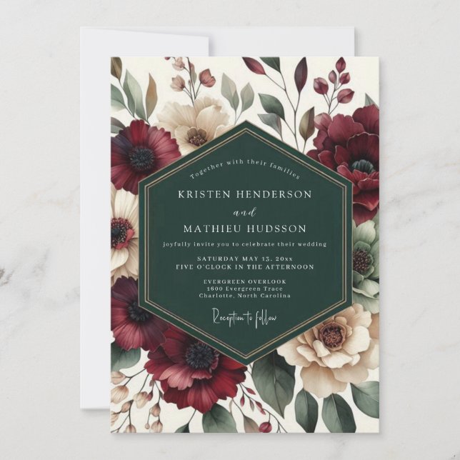 Invitación Boda Romántica Maroon Bloom (Anverso)