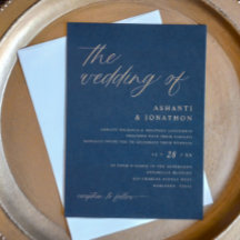 Boda Romántica Moderna de Azul Marino y Oro