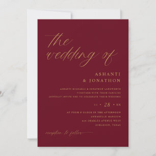 Invitación Boda Romántica Moderna de Borgoña y Oro
