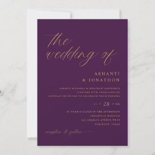 Invitación Boda Romántica Moderna de Ciruela Púrpura y Oro
