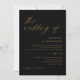 Invitación Boda Romántica Moderna de Negro y Dorado