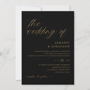 Invitación Boda Romántica Moderna de Negro y Dorado