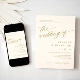 Invitación Boda Romántica Moderna de Oro y Marfil Todo en Uno
